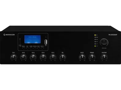 Mono mixážny PA zosilňovač triedy D Monacor PA-803DAP, MP3, USB/SD, FM, DAB+, BT, 30 W