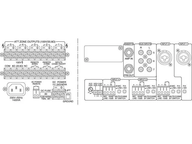 5-pásmový mono PA mixážny zosilňovač Monacor PA-5480, 480 W (2)