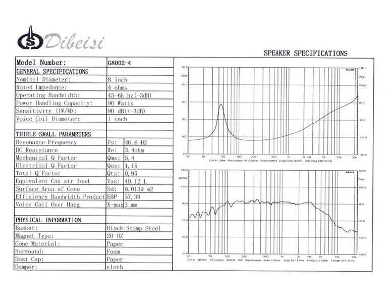 Basový reproduktor Dibeisi DBS G8002-4, 90 W, 4 Ohm (3)