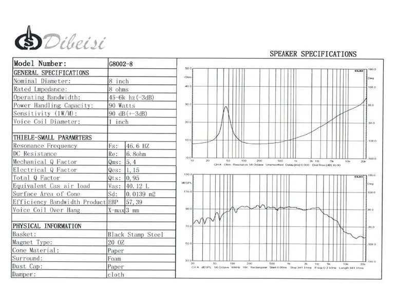 Basový reproduktor Dibeisi DBS G8002-8, 90 W, 8 Ohm (3)