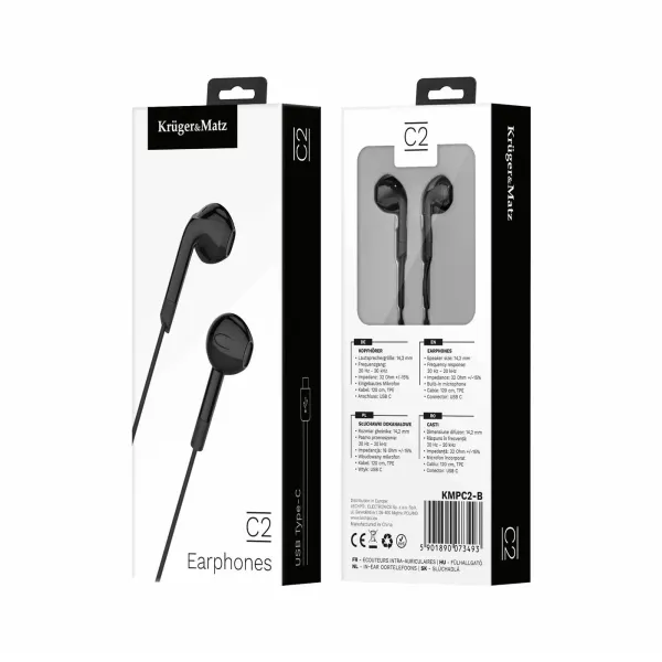 Slúchadlá do uší s mikrofónom Krüger&Matz C2 USB-C, čierne (3)